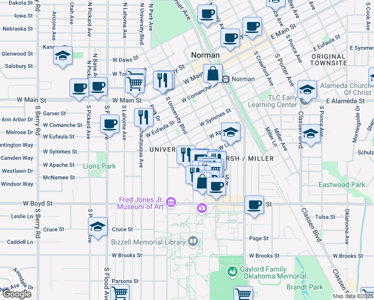 map of restaurants, bars, coffee shops, grocery stores, and more near 416 South University Boulevard in Norman