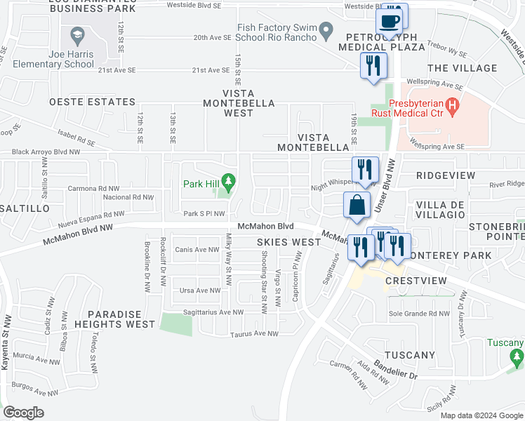 map of restaurants, bars, coffee shops, grocery stores, and more near 5931 Sleepy Nights Road Northwest in Albuquerque