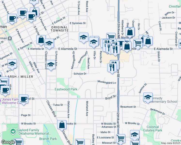 map of restaurants, bars, coffee shops, grocery stores, and more near 901 Schulze Drive in Norman