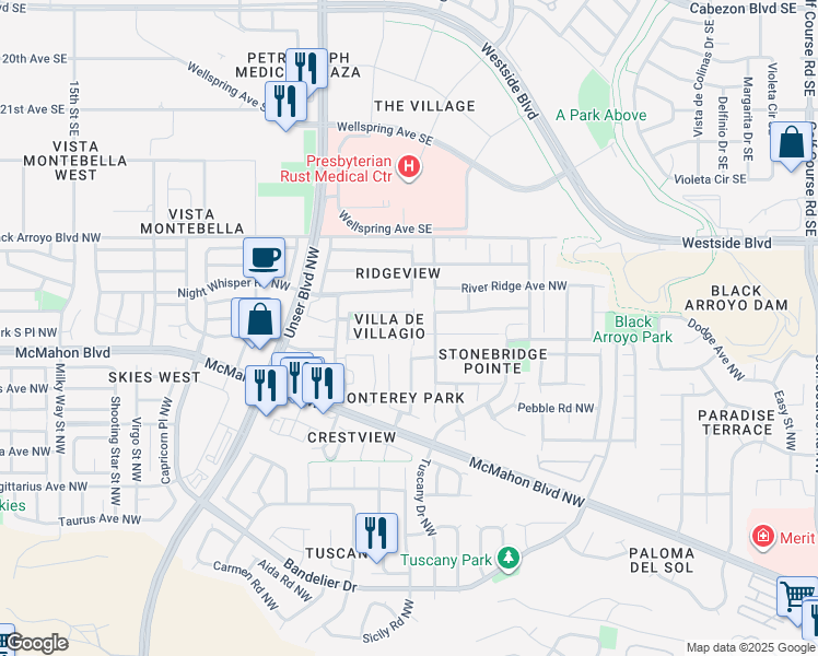 map of restaurants, bars, coffee shops, grocery stores, and more near 10847 Firenze Drive Northwest in Albuquerque