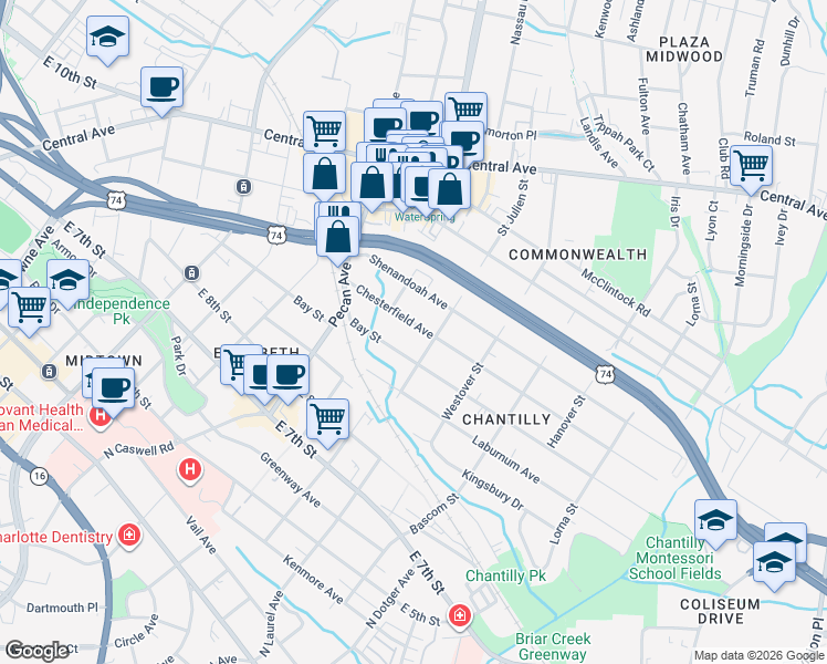 map of restaurants, bars, coffee shops, grocery stores, and more near 2115 Chesterfield Avenue in Charlotte