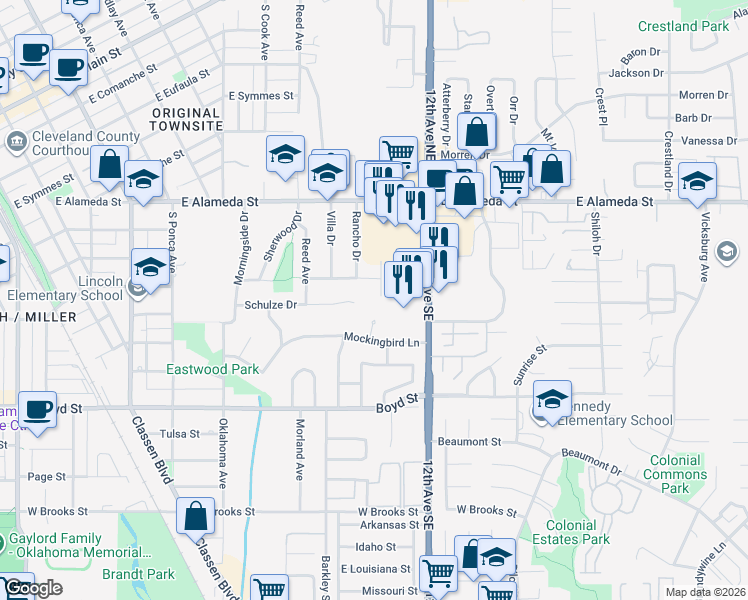 map of restaurants, bars, coffee shops, grocery stores, and more near 912 Creston Way in Norman