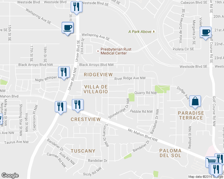 map of restaurants, bars, coffee shops, grocery stores, and more near 10863 Stonebrook Place Northwest in Albuquerque