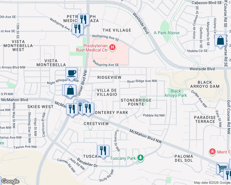 map of restaurants, bars, coffee shops, grocery stores, and more near 10846 Firenze Drive Northwest in Albuquerque