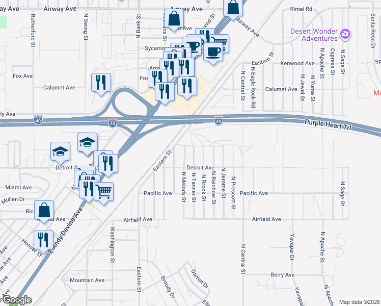map of restaurants, bars, coffee shops, grocery stores, and more near 3163 North Tanner Street in Kingman