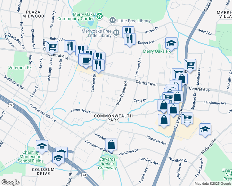 map of restaurants, bars, coffee shops, grocery stores, and more near 1555 Briar Creek Road in Charlotte