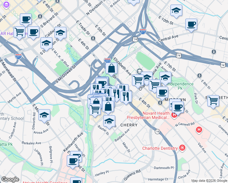 map of restaurants, bars, coffee shops, grocery stores, and more near 205 South Kings Drive in Charlotte