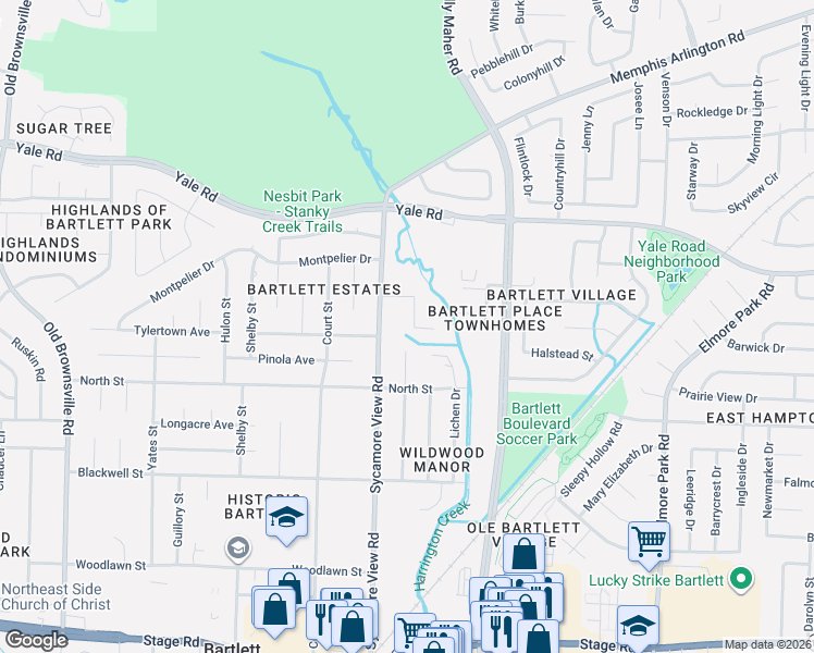 map of restaurants, bars, coffee shops, grocery stores, and more near 5912 Sycamore Manor Cove in Bartlett