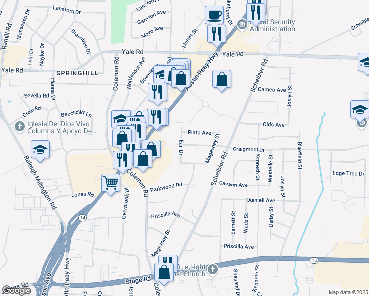 map of restaurants, bars, coffee shops, grocery stores, and more near 4559 Craigmont Drive in Memphis