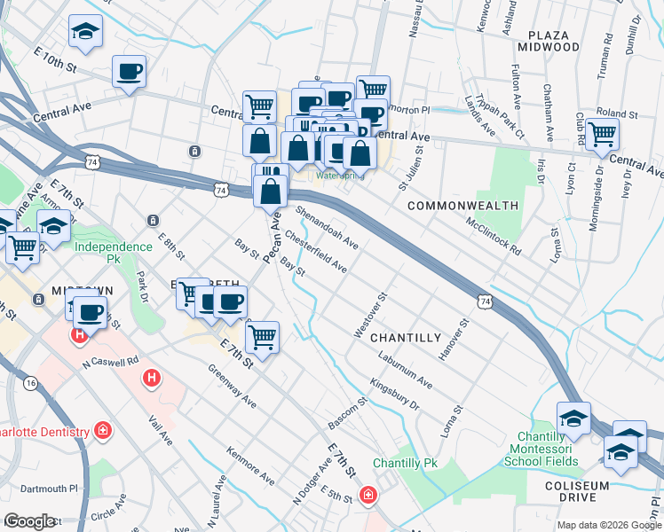map of restaurants, bars, coffee shops, grocery stores, and more near 2124 Chesterfield Avenue in Charlotte