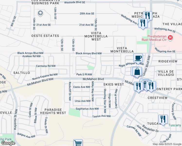 map of restaurants, bars, coffee shops, grocery stores, and more near 6043 Park South Place Northwest in Albuquerque
