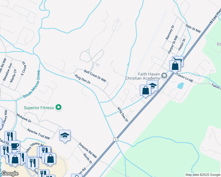 map of restaurants, bars, coffee shops, grocery stores, and more near 307 Bell Crest Drive Northwest in Cleveland