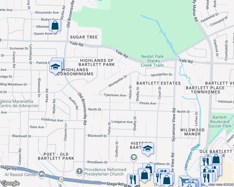 map of restaurants, bars, coffee shops, grocery stores, and more near 3289 Tylertown Cove in Bartlett