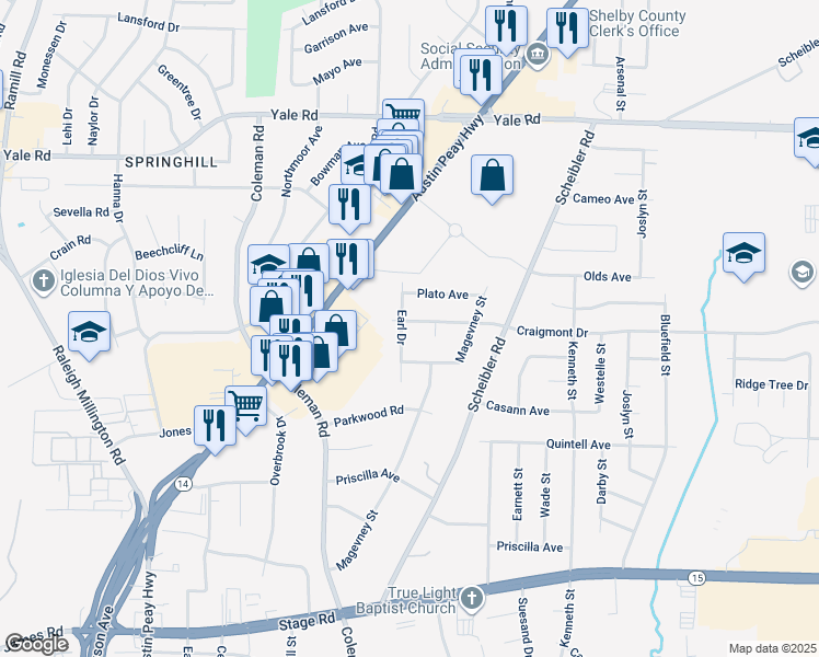map of restaurants, bars, coffee shops, grocery stores, and more near 3304 Earl Drive in Memphis