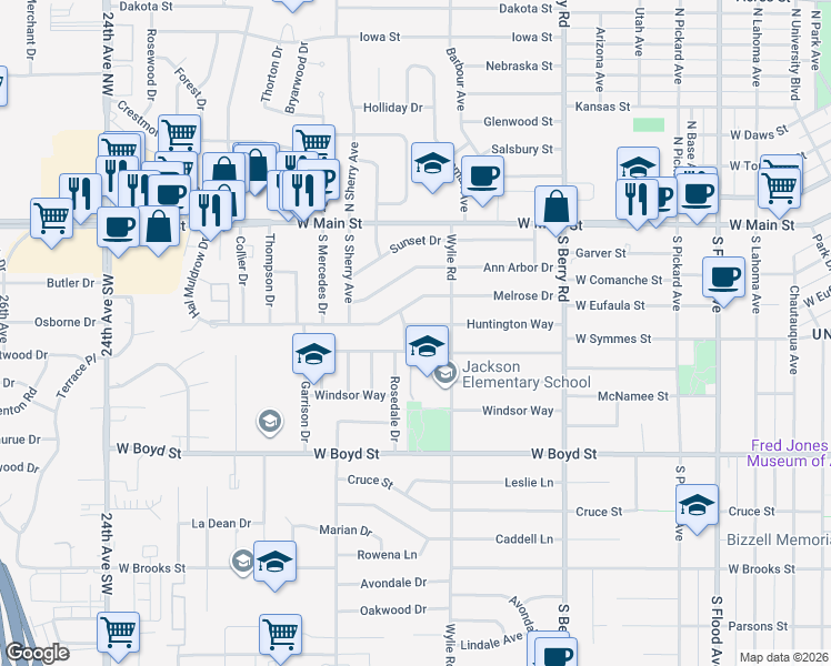 map of restaurants, bars, coffee shops, grocery stores, and more near 1512 Melrose Drive in Norman