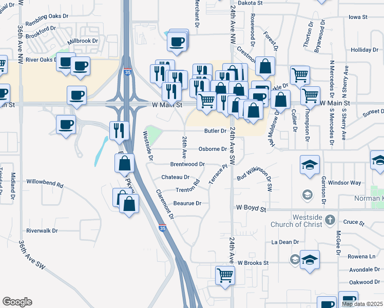 map of restaurants, bars, coffee shops, grocery stores, and more near 2533 Osborne Drive in Norman