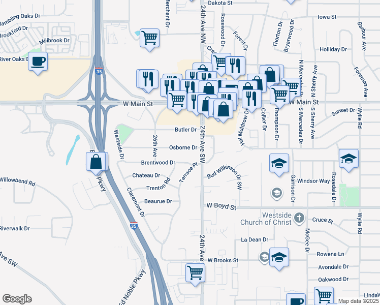 map of restaurants, bars, coffee shops, grocery stores, and more near 2409 Osborne Drive in Norman