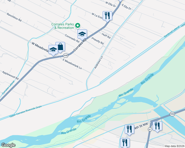 map of restaurants, bars, coffee shops, grocery stores, and more near 164 Andrews Lane in Corrales