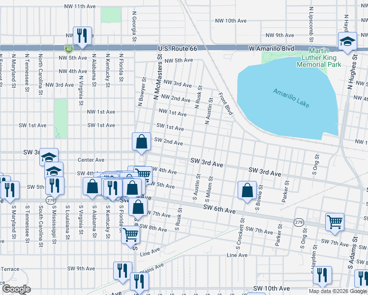 map of restaurants, bars, coffee shops, grocery stores, and more near 2302 Southwest 2nd Avenue in Amarillo