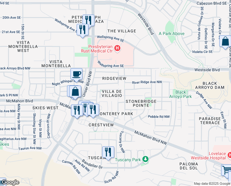 map of restaurants, bars, coffee shops, grocery stores, and more near 5501 Saturnia Road Northwest in Albuquerque