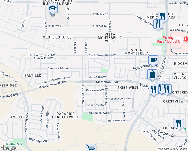 map of restaurants, bars, coffee shops, grocery stores, and more near 6135 Park Hill Avenue Northwest in Albuquerque
