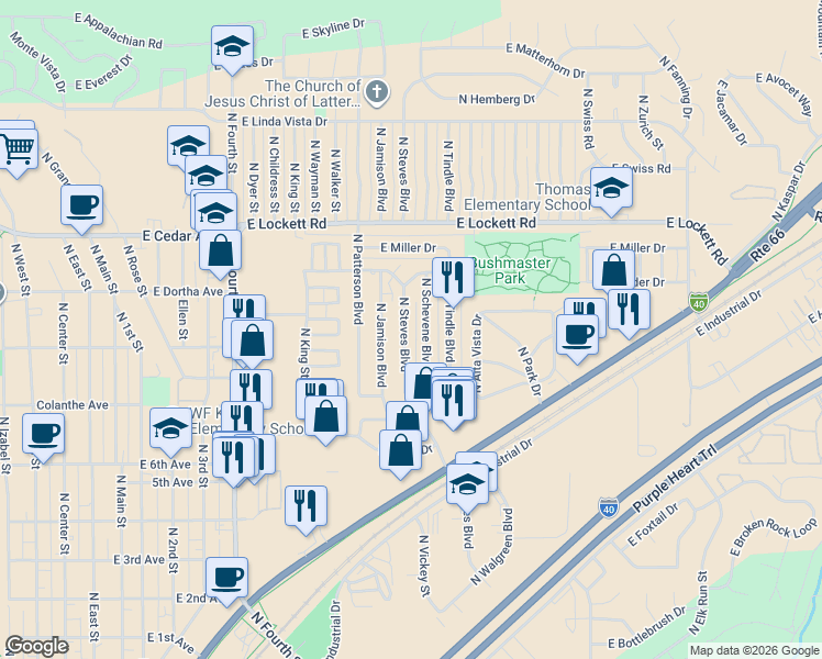 map of restaurants, bars, coffee shops, grocery stores, and more near 3009 North Schevene Boulevard in Flagstaff