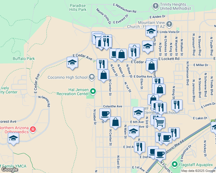 map of restaurants, bars, coffee shops, grocery stores, and more near 2800 North West Street in Flagstaff