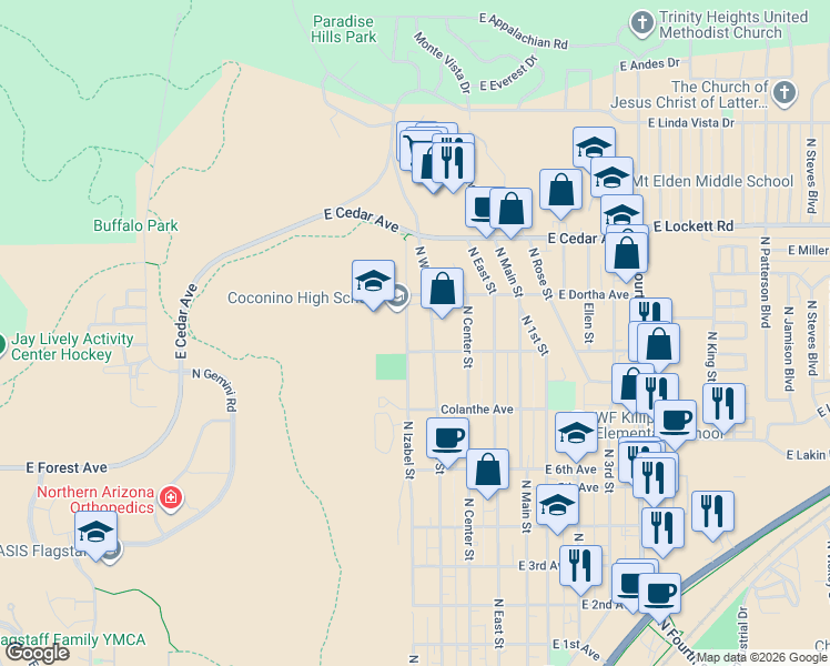 map of restaurants, bars, coffee shops, grocery stores, and more near 2800 North Izabel Street in Flagstaff