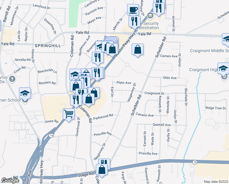 map of restaurants, bars, coffee shops, grocery stores, and more near 3304 Earl Drive in Memphis