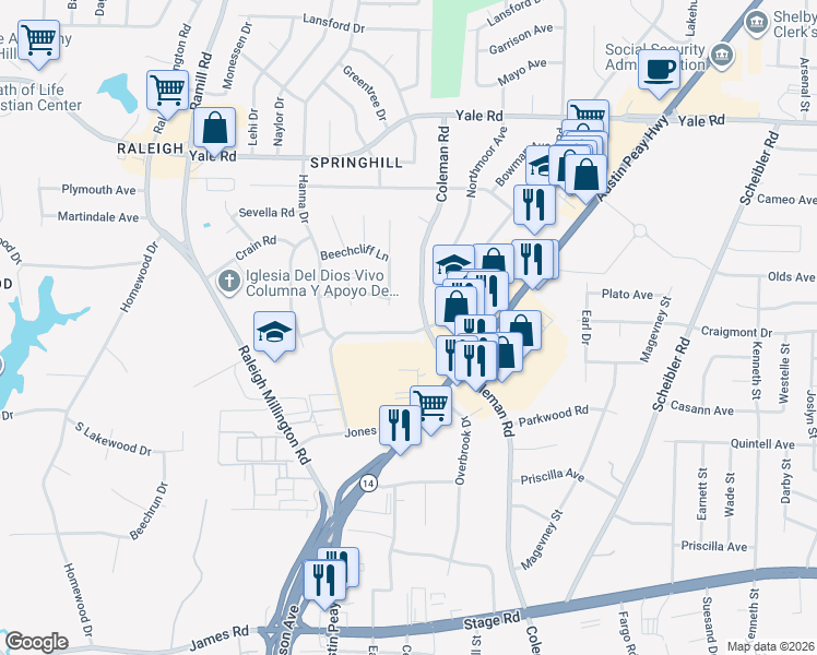 map of restaurants, bars, coffee shops, grocery stores, and more near 3288 Leschallas Drive in Memphis