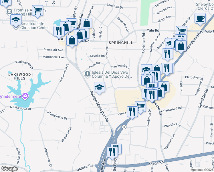 map of restaurants, bars, coffee shops, grocery stores, and more near 5290 Hanna Drive in Memphis