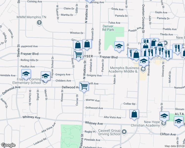 map of restaurants, bars, coffee shops, grocery stores, and more near 3293 Beechmont Street in Memphis