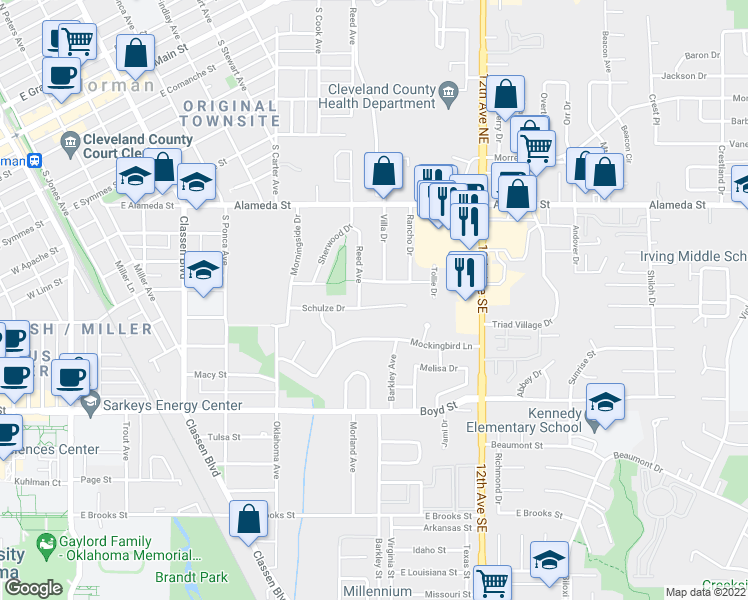 map of restaurants, bars, coffee shops, grocery stores, and more near 909 Schulze Drive in Norman