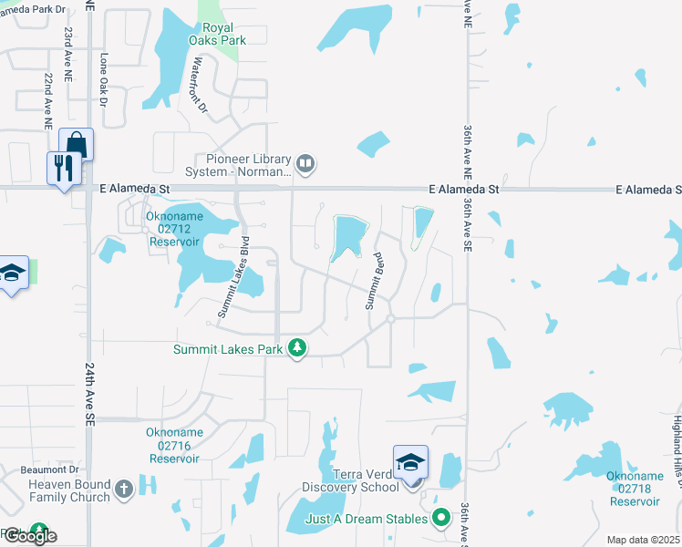 map of restaurants, bars, coffee shops, grocery stores, and more near 3105 Ridge Lake Boulevard in Norman