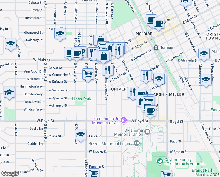 map of restaurants, bars, coffee shops, grocery stores, and more near 615 West Symmes Street in Norman