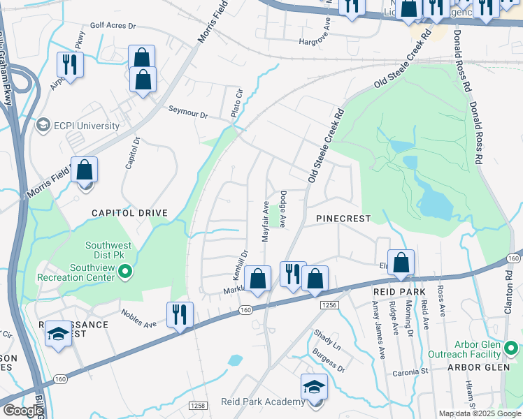 map of restaurants, bars, coffee shops, grocery stores, and more near 2652 Mayfair Avenue in Charlotte