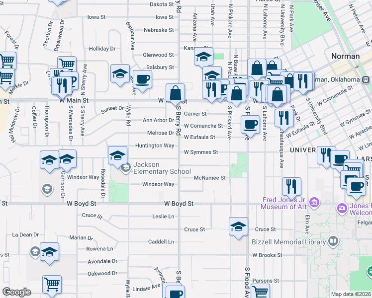 map of restaurants, bars, coffee shops, grocery stores, and more near 1118 West Eufaula Street in Norman