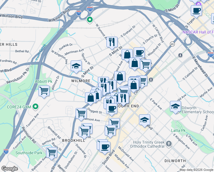map of restaurants, bars, coffee shops, grocery stores, and more near 313 West Kingston Avenue in Charlotte