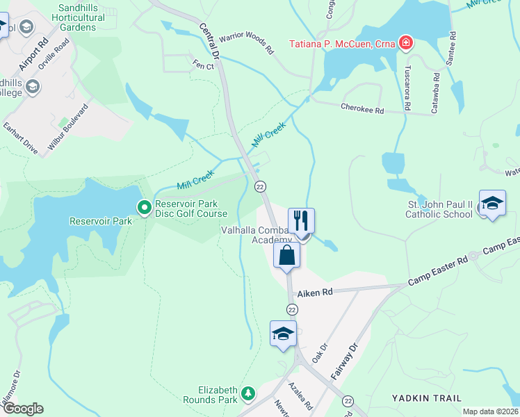 map of restaurants, bars, coffee shops, grocery stores, and more near 1455 Central Drive in Southern Pines