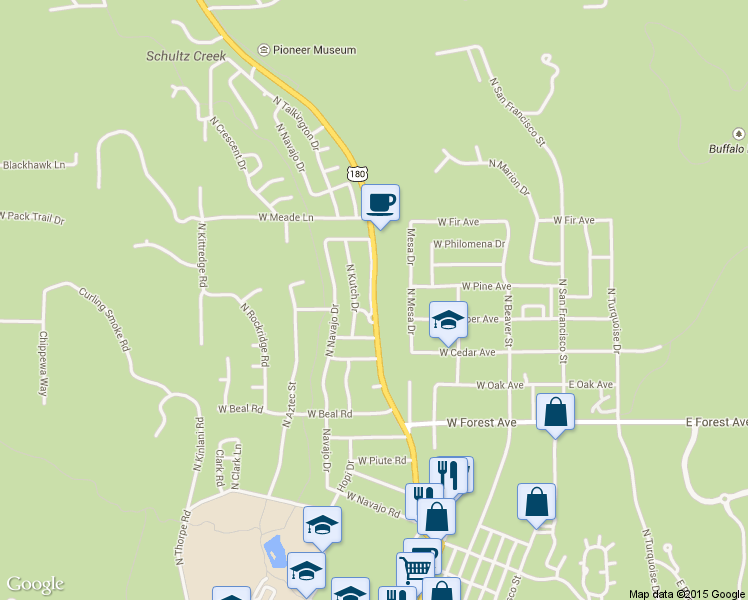 map of restaurants, bars, coffee shops, grocery stores, and more near 1620 North Kutch Drive in Flagstaff