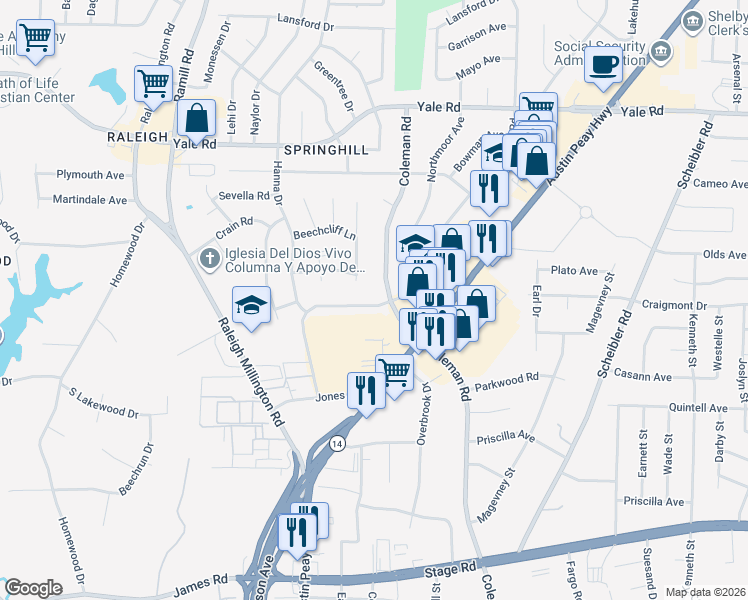 map of restaurants, bars, coffee shops, grocery stores, and more near 3288 Leschallas Drive in Memphis