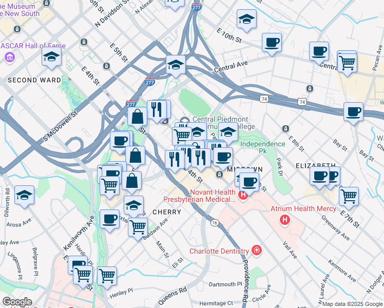 map of restaurants, bars, coffee shops, grocery stores, and more near 1414 Elizabeth Avenue in Charlotte