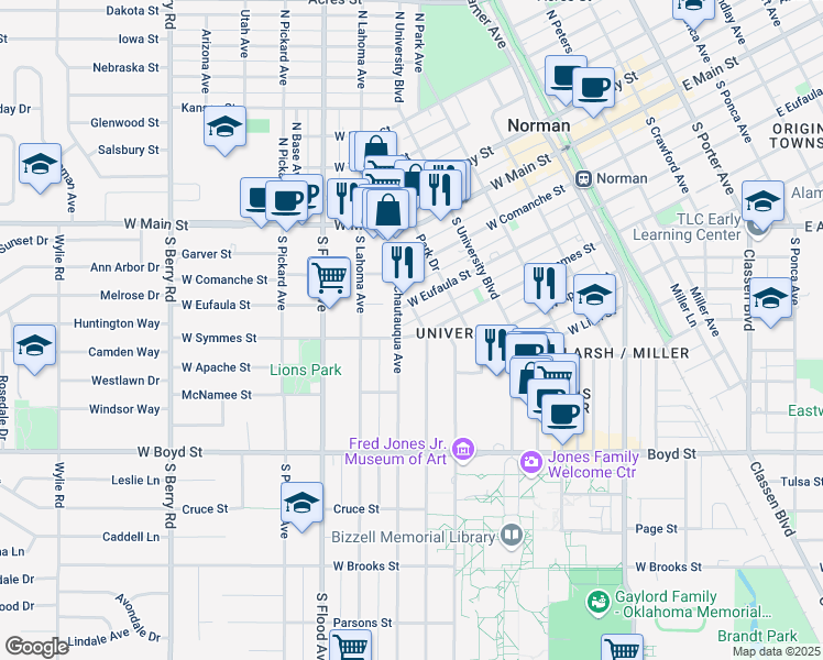 map of restaurants, bars, coffee shops, grocery stores, and more near 525 West Symmes Street in Norman