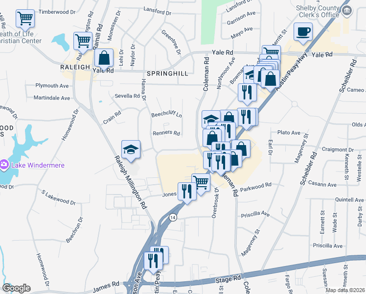 map of restaurants, bars, coffee shops, grocery stores, and more near 3288 Leschallas Drive in Memphis