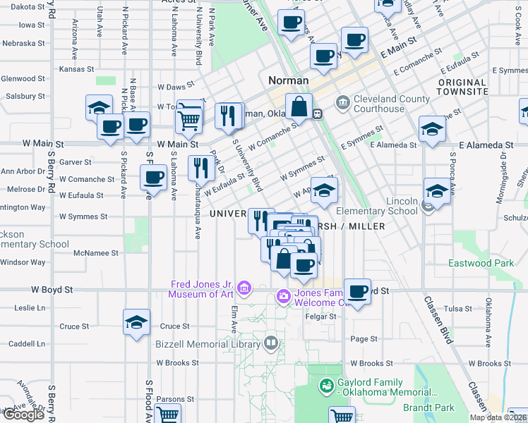 map of restaurants, bars, coffee shops, grocery stores, and more near 502 South University Boulevard in Norman