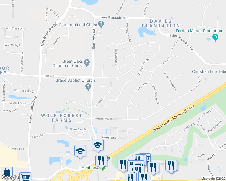 map of restaurants, bars, coffee shops, grocery stores, and more near 3280 Patches Drive in Memphis