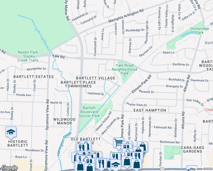 map of restaurants, bars, coffee shops, grocery stores, and more near 6131 Ainsworth Street in Bartlett