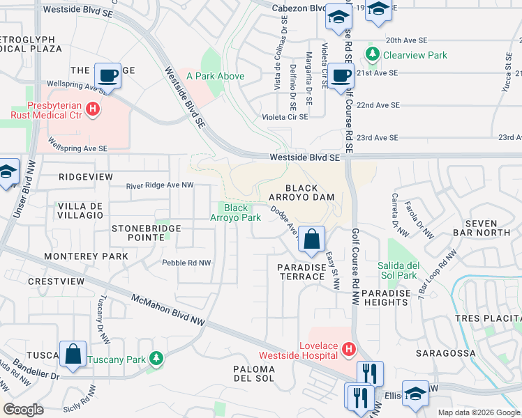 map of restaurants, bars, coffee shops, grocery stores, and more near 10820 Buckboard Street Northwest in Albuquerque