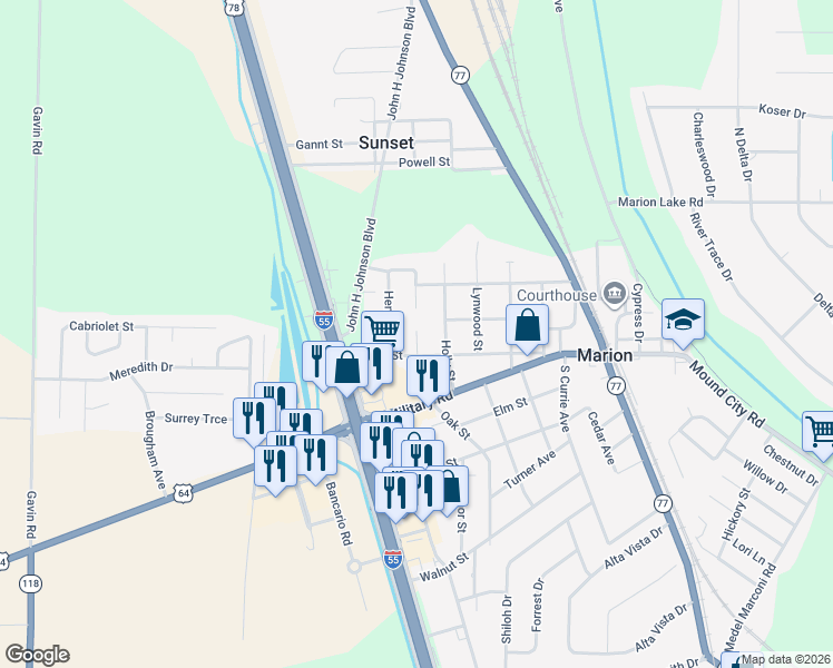 map of restaurants, bars, coffee shops, grocery stores, and more near 90 Masbend Cove in Marion