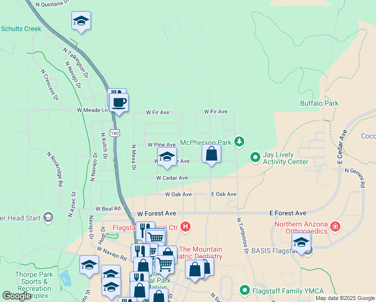 map of restaurants, bars, coffee shops, grocery stores, and more near 1758 North Blue Spruce Circle in Flagstaff